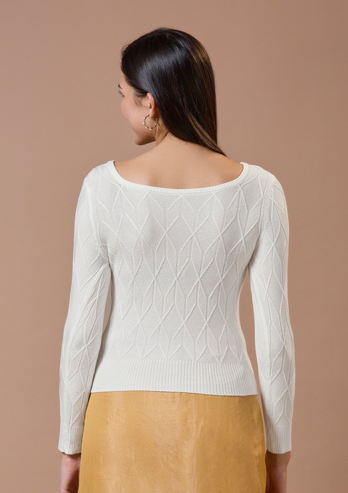 White Round Neck Full Sleeves Readymade Blouse For Winter With Embroidery