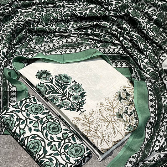 Cotton Printed White & Green Unstitched Dress Material With Dupatta