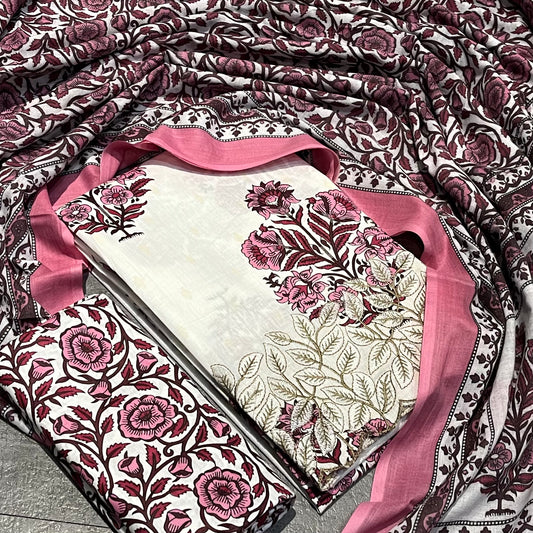 Cotton Printed White & Pink Unstitched Dress Material With Dupatta