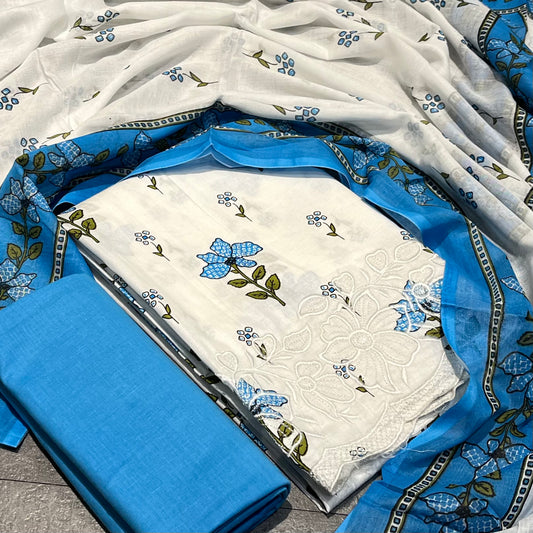 Cotton Printed White & Blue Unstitched Dress Material With Dupatta