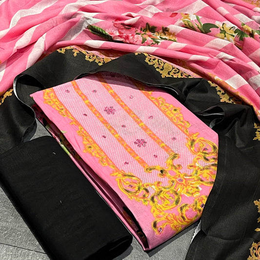 Cotton Printed Pink & Black Unstitched Dress Material With Dupatta