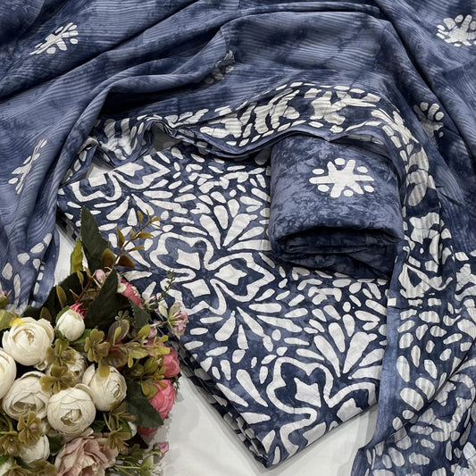 Cotton Printed Blue & White Unstitched Dress Material With Dupatta