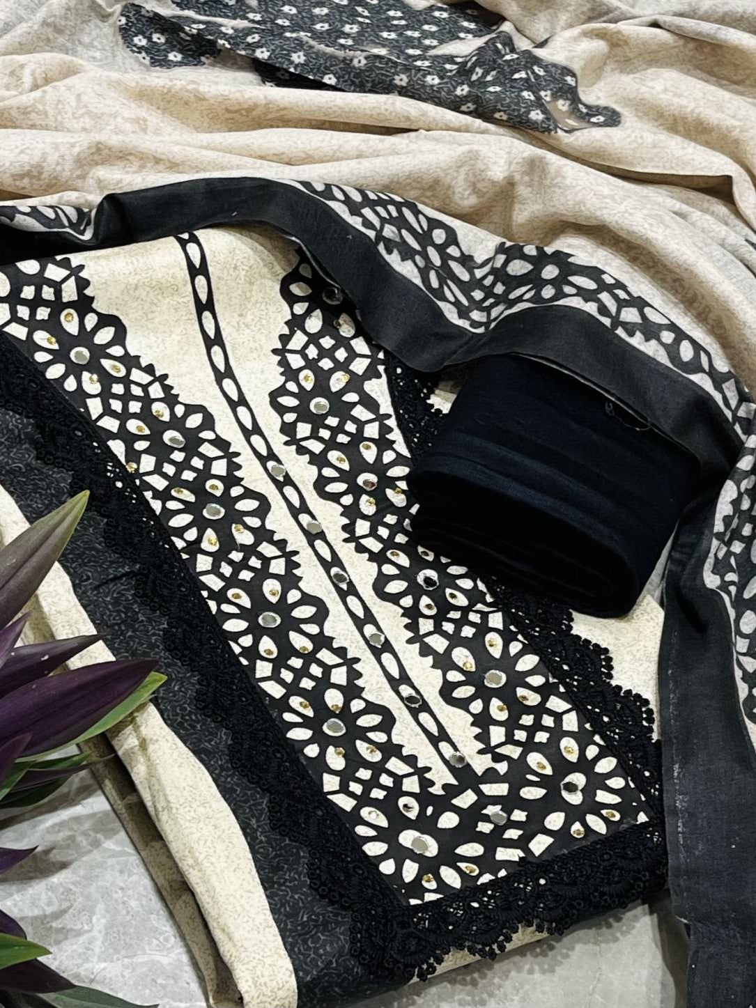 Beige Printed Unstitched Dress Material With Dupatta