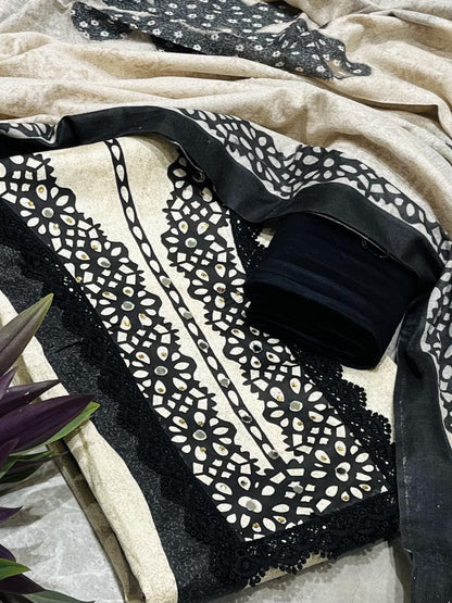 Beige Printed Unstitched Dress Material With Dupatta