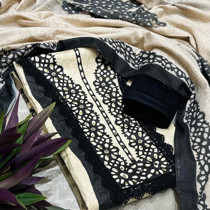 Beige Printed Unstitched Dress Material With Dupatta