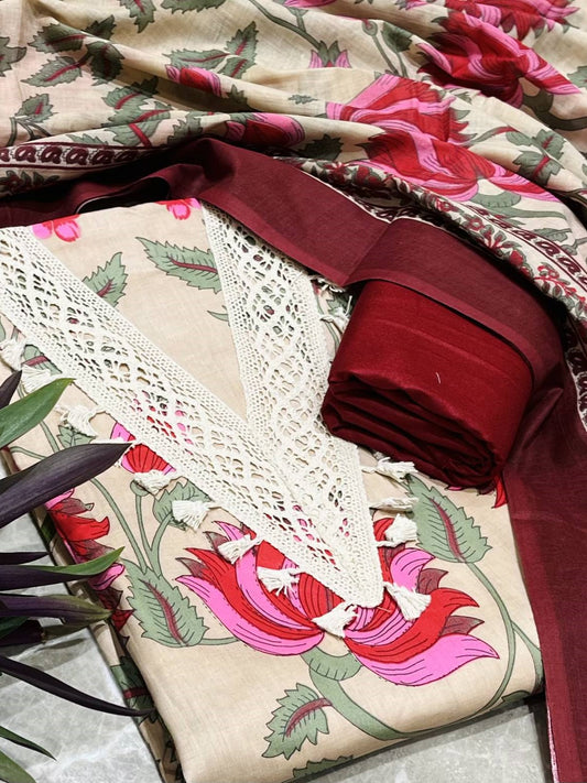 Maroon Cotton Printed Unstitched Dress Material