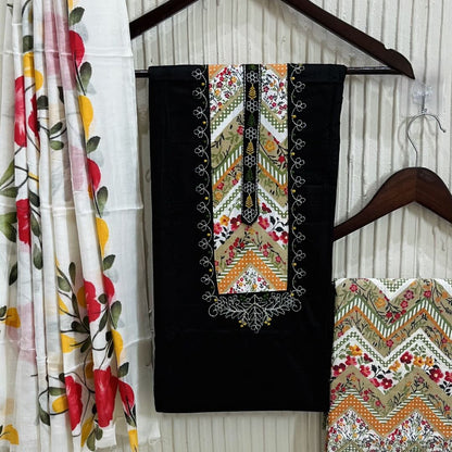 Black Cotton Printed Unstitched Dress Material