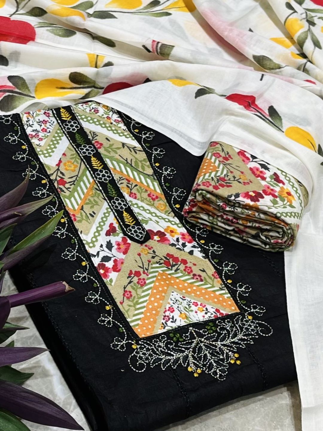 Black Cotton Printed Unstitched Dress Material