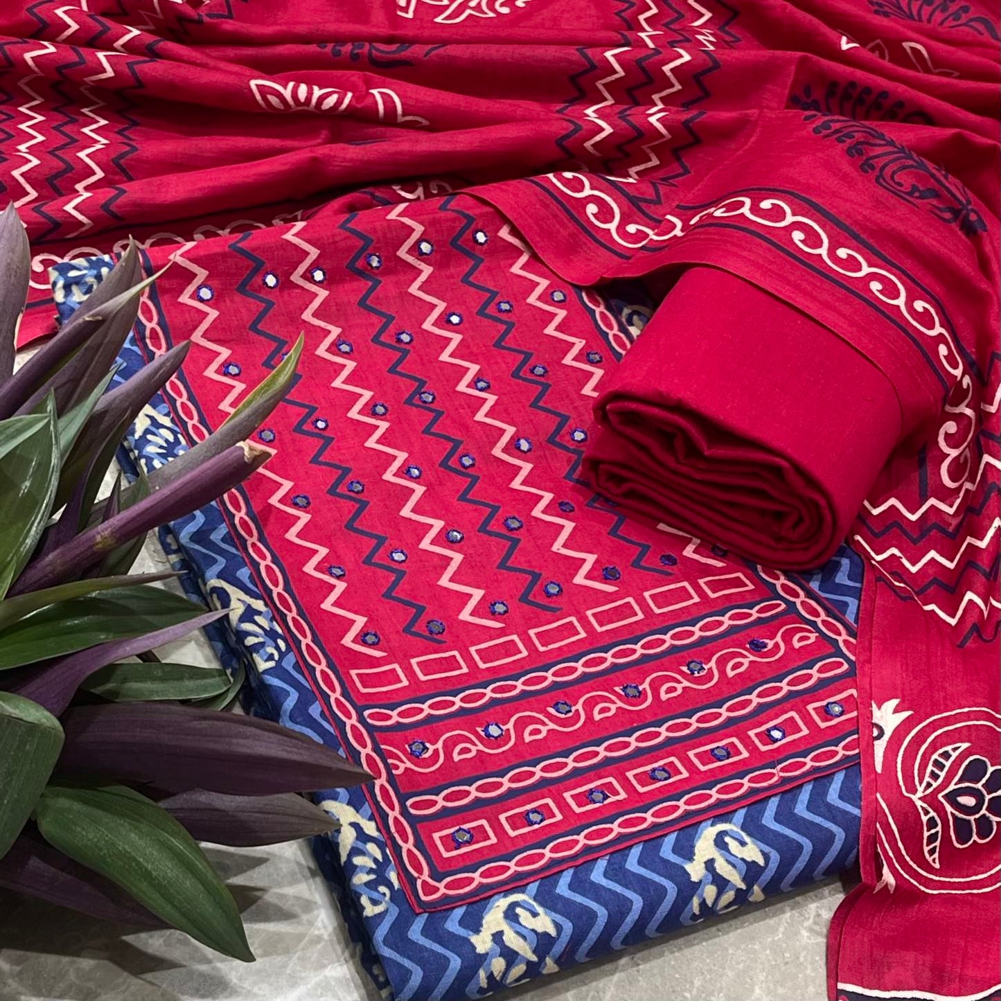 Blue Cotton Printed Unstitched Dress Material