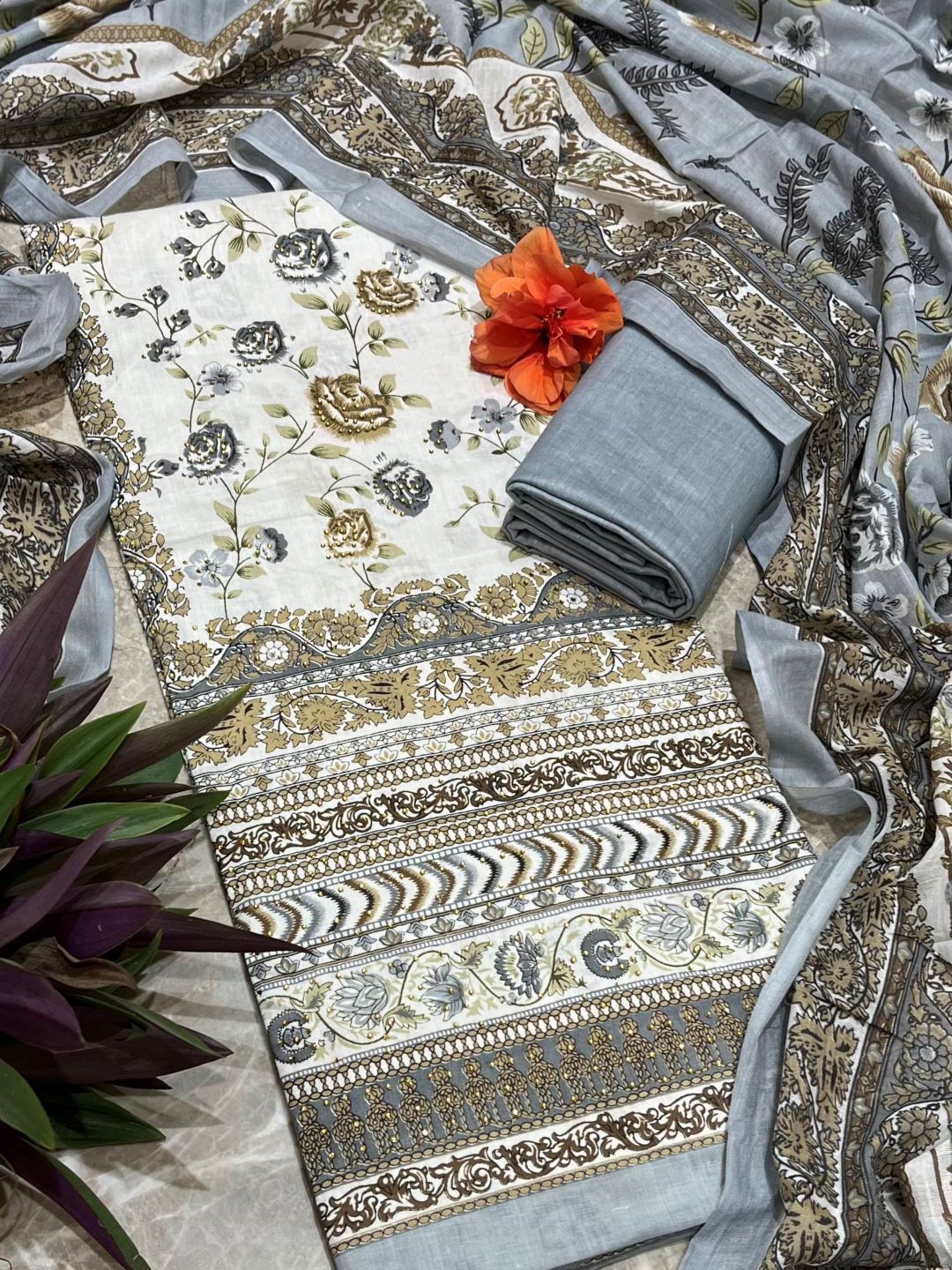 Grey Cotton Printed Unstitched Dress Material
