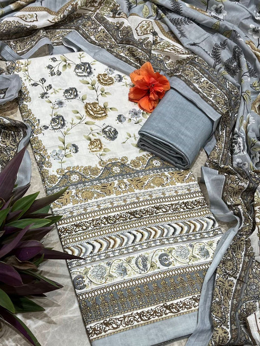 Grey Cotton Printed Unstitched Dress Material