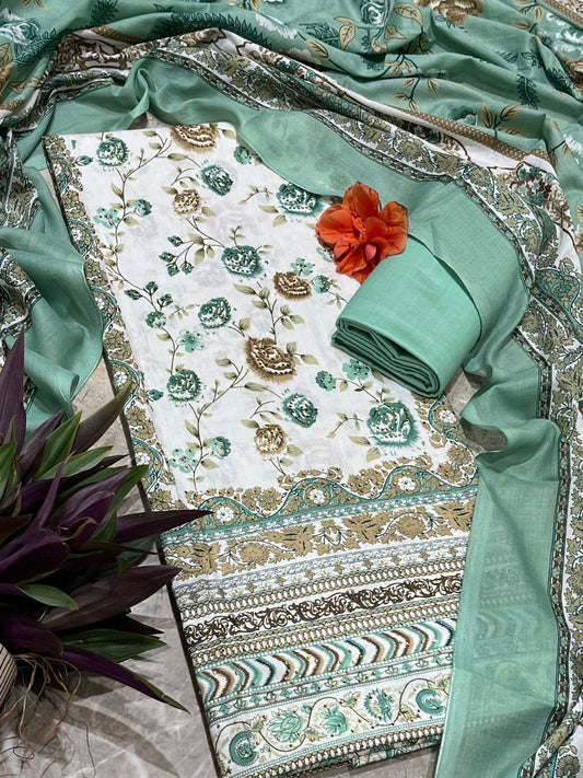 Green Cotton Printed Unstitched Dress Material