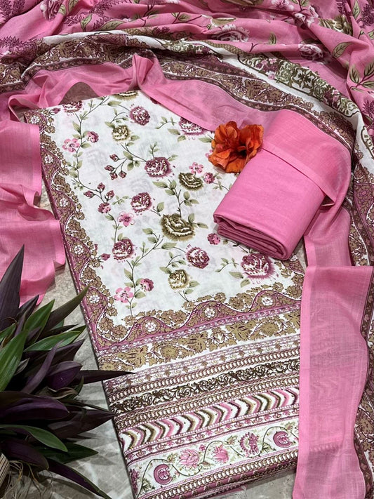 Pink Cotton Printed Unstitched Dress Material