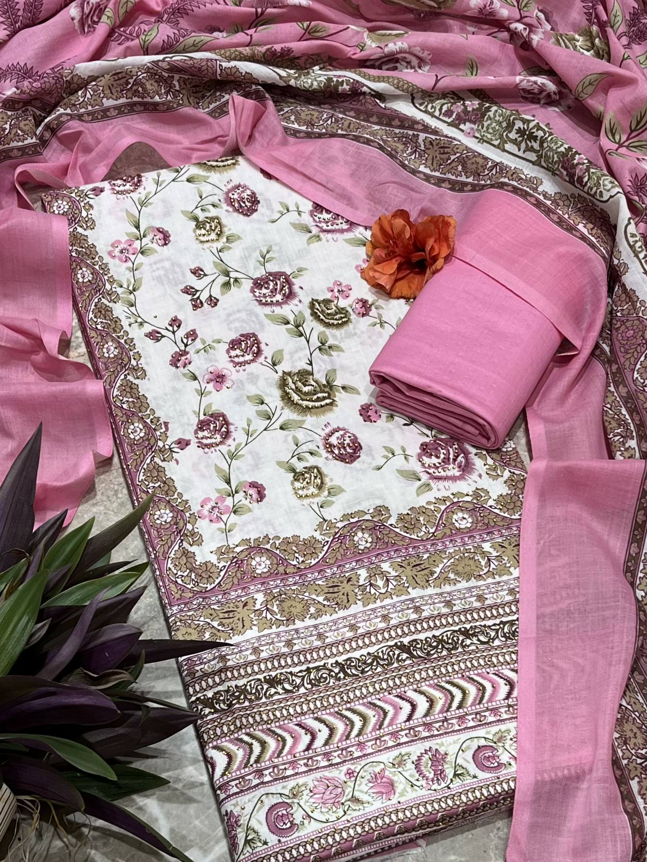 Pink Cotton Printed Unstitched Dress Material