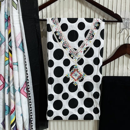 Black & White Cotton Printed Unstitched Dress Material