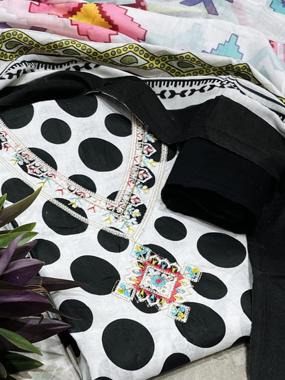 Black & White Cotton Printed Unstitched Dress Material