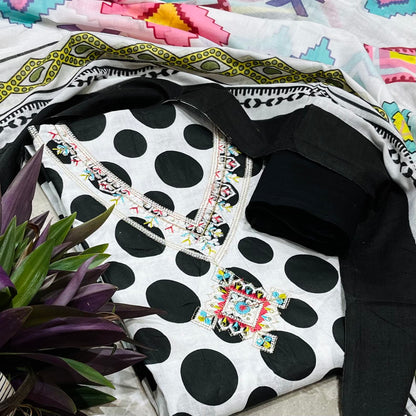 Black & White Cotton Printed Unstitched Dress Material