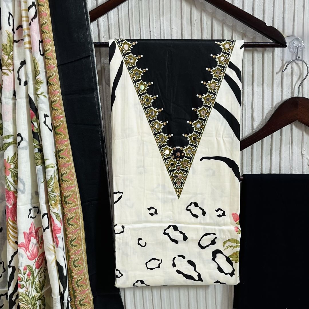 Cream Cotton Printed Unstitched Dress Material