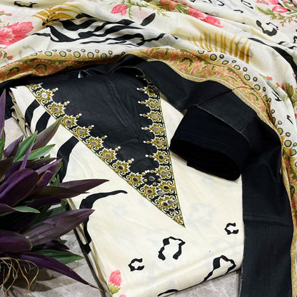 Cream Cotton Printed Unstitched Dress Material