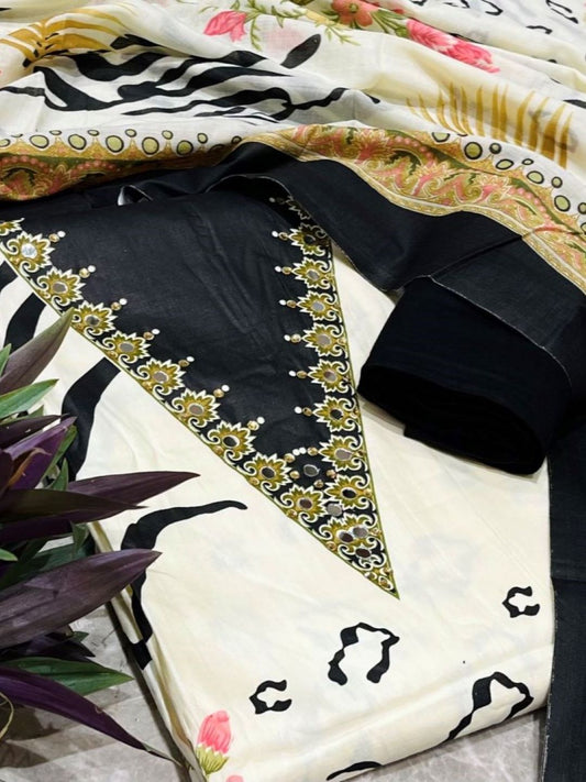 Cream Cotton Printed Unstitched Dress Material