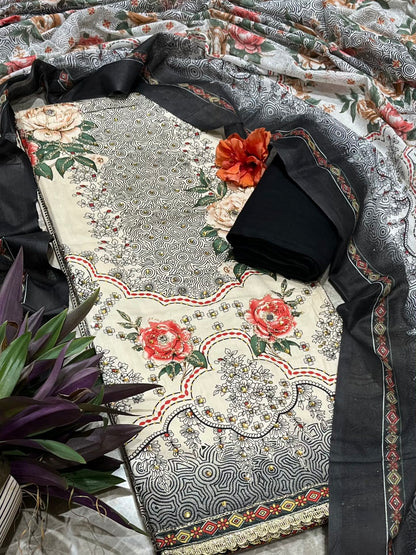 Beige Printed Unstitched Dress Material