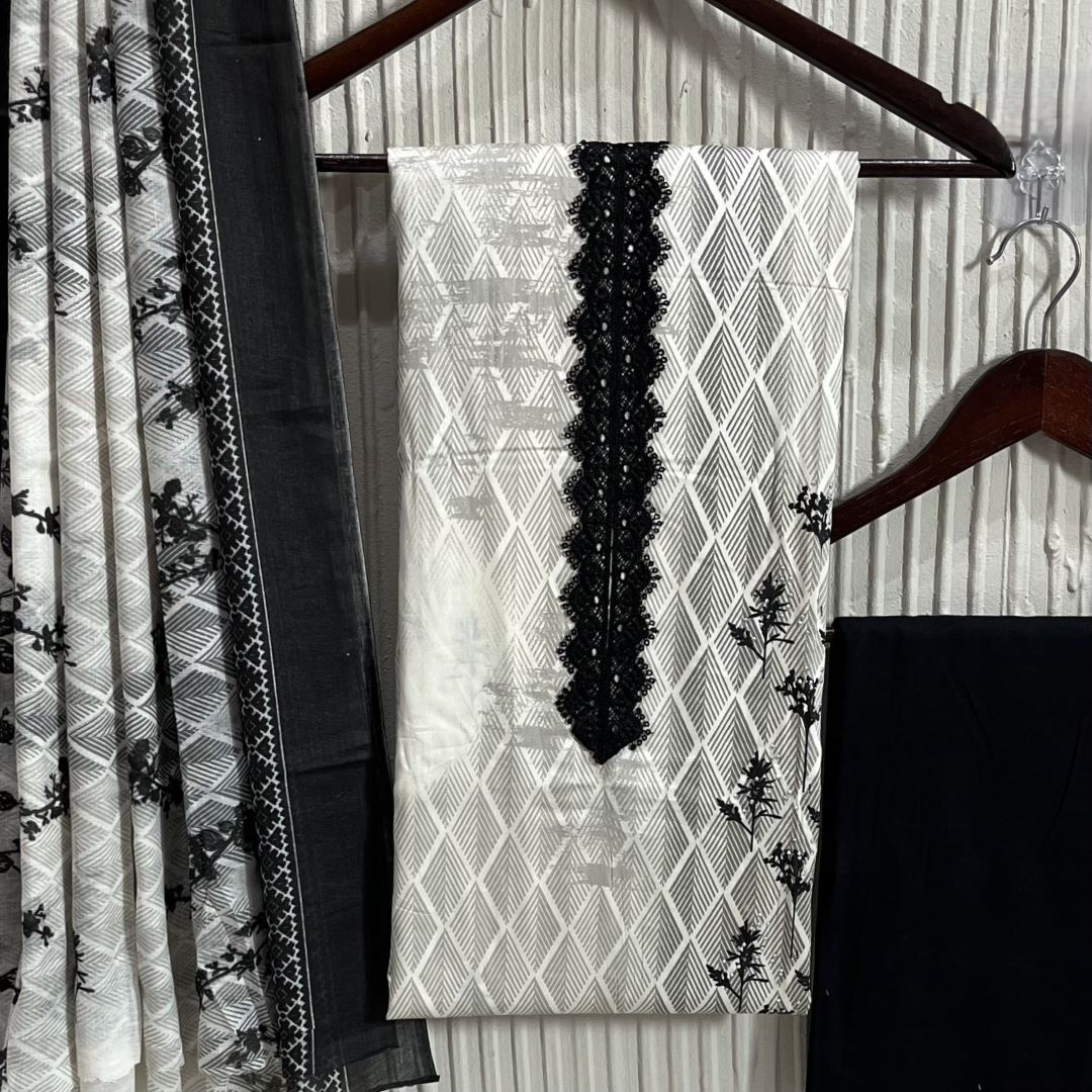 Black & White Rayon Printed Unstitched Dress Material