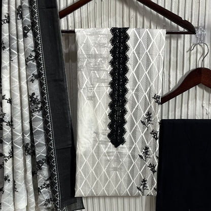 Black & White Rayon Printed Unstitched Dress Material