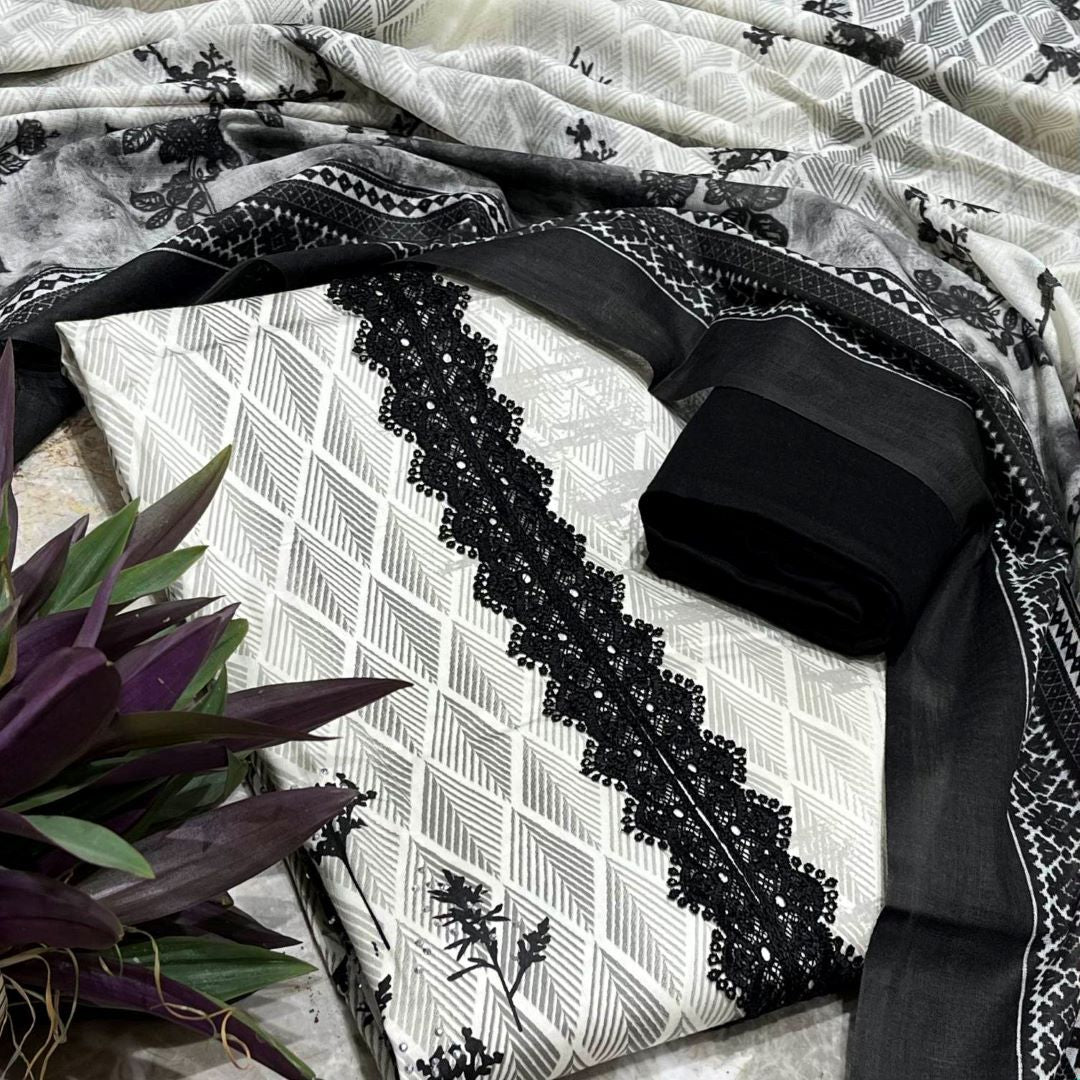 Black & White Rayon Printed Unstitched Dress Material