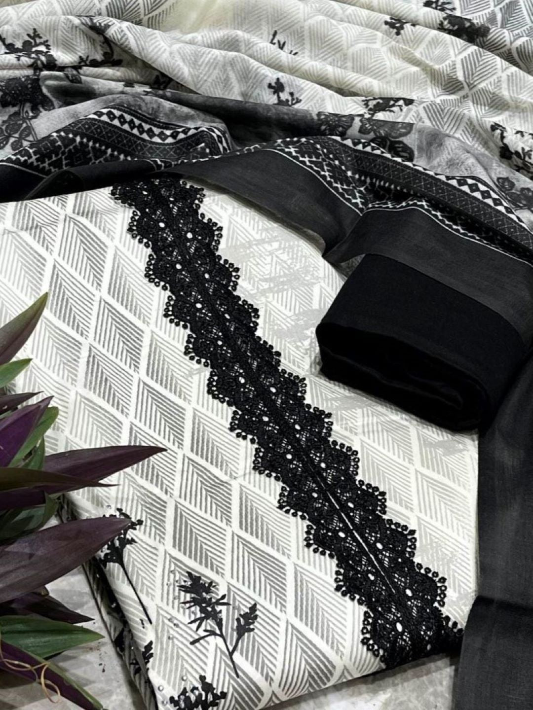 Black & White Rayon Printed Unstitched Dress Material