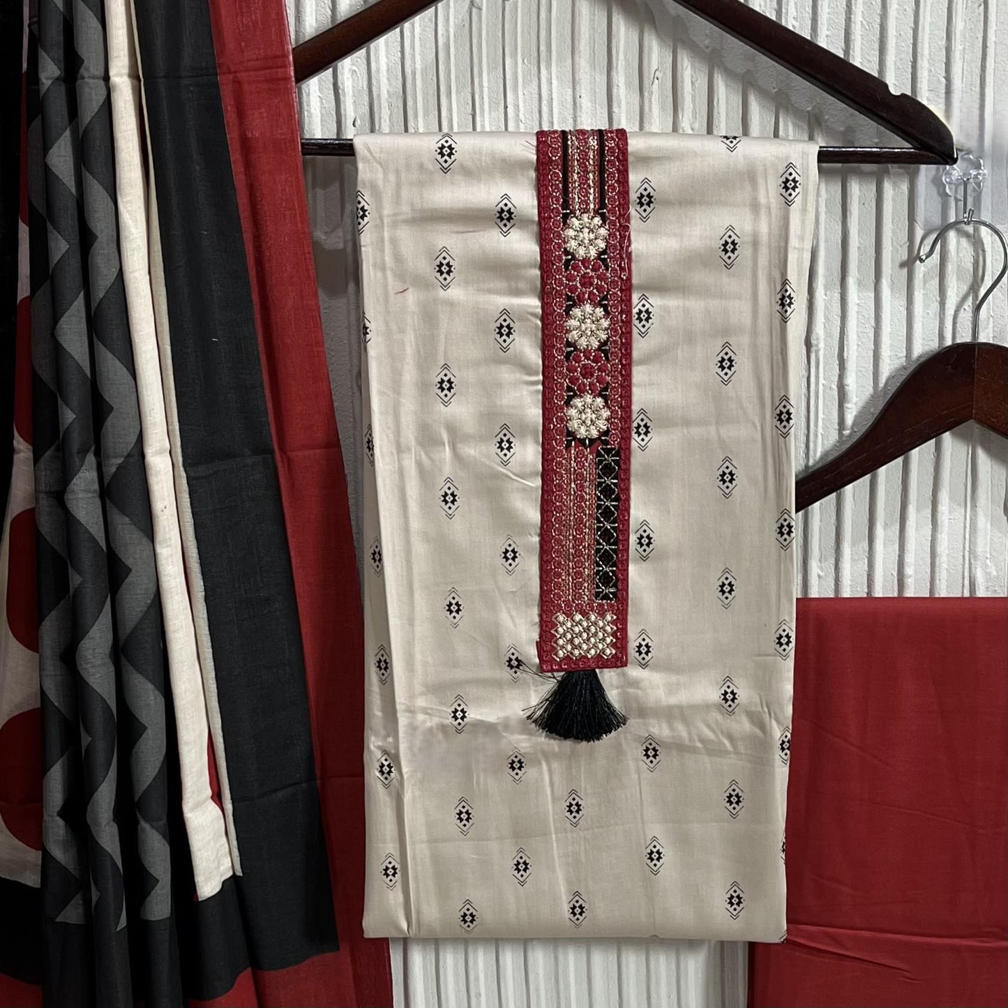 Beige Cotton Printed Unstitched Dress Material