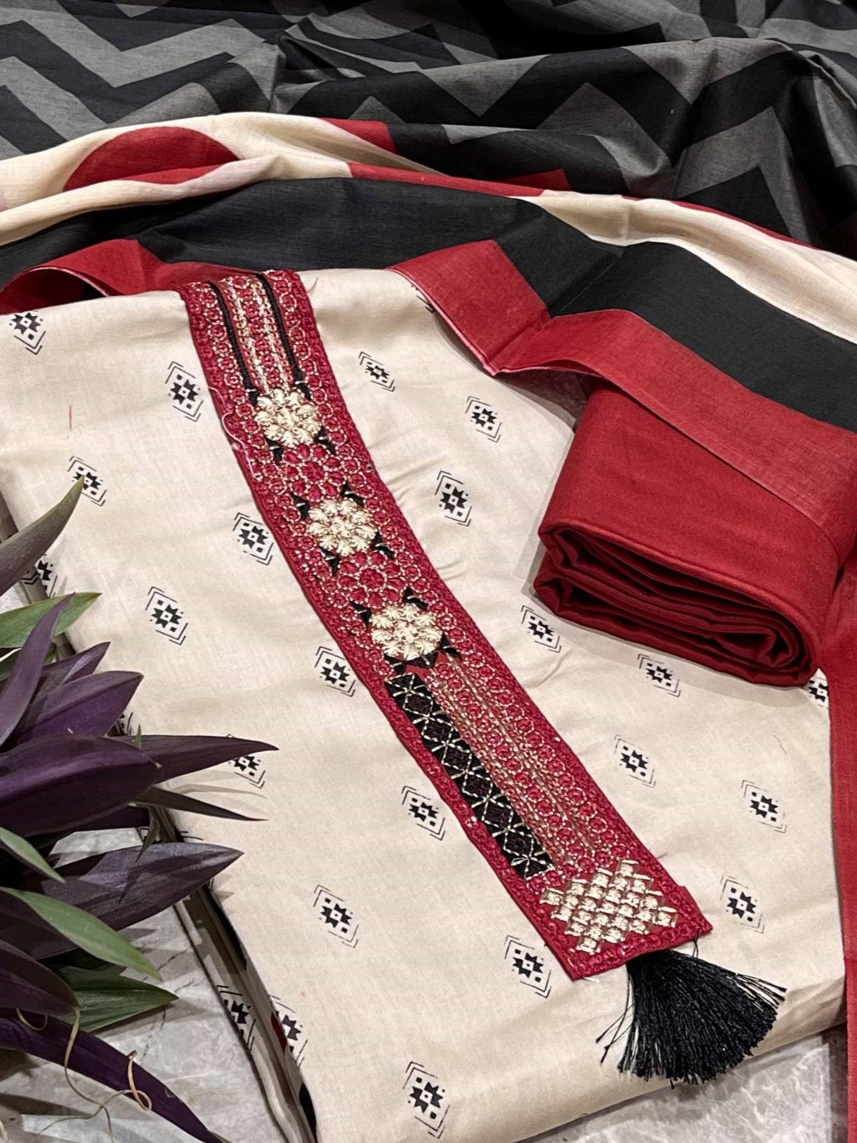 Beige Cotton Printed Unstitched Dress Material