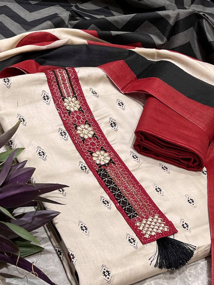 Beige Cotton Printed Unstitched Dress Material