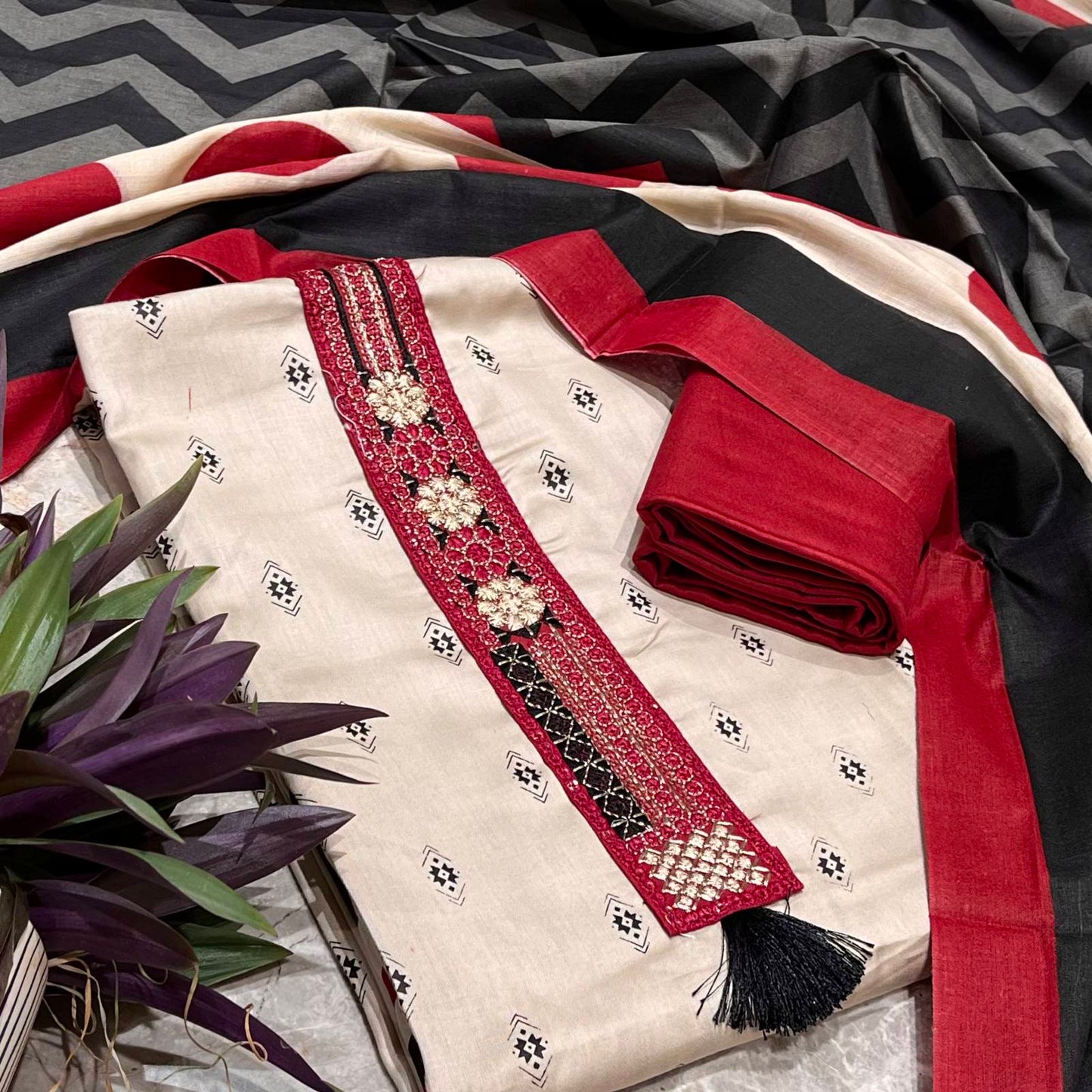 Beige Cotton Printed Unstitched Dress Material