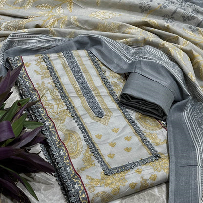 Grey Cotton Printed Unstitched Dress Material