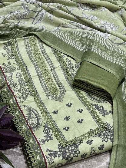 Olive Cotton Printed Unstitched Dress Material