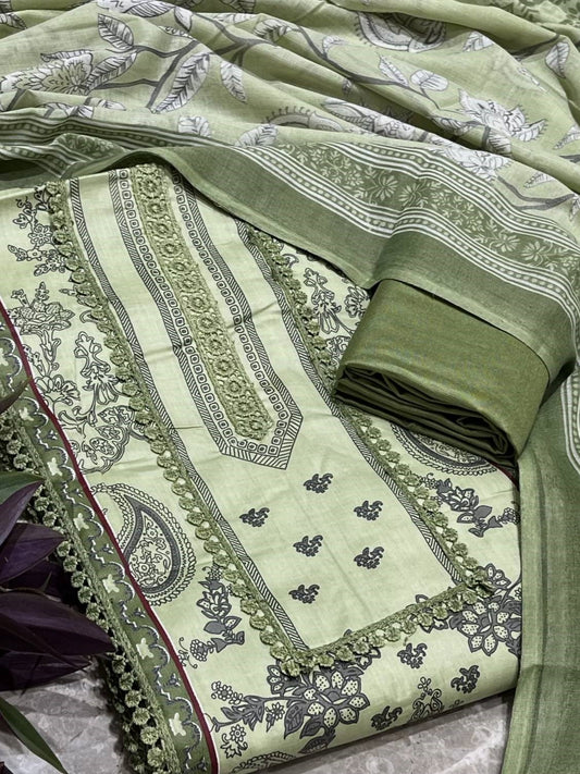 Olive Cotton Printed Unstitched Dress Material