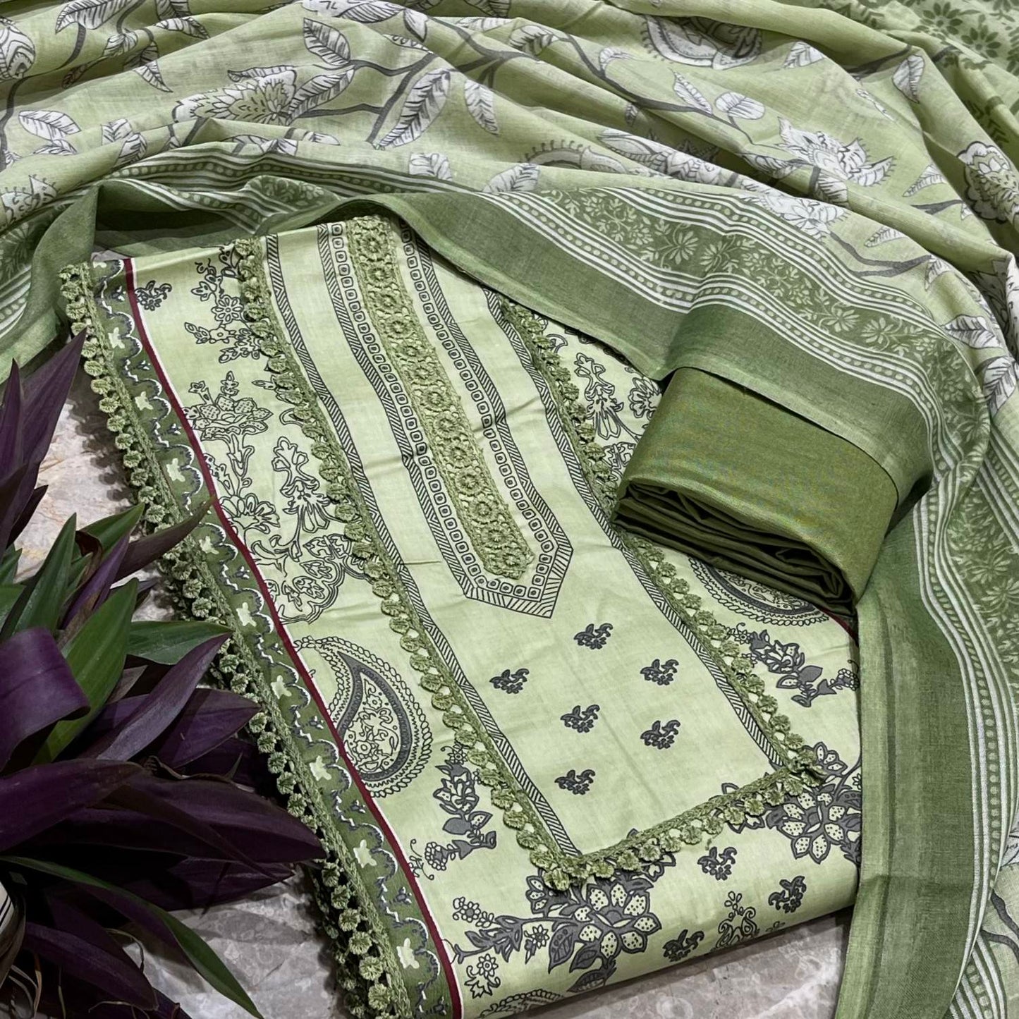 Olive Cotton Printed Unstitched Dress Material