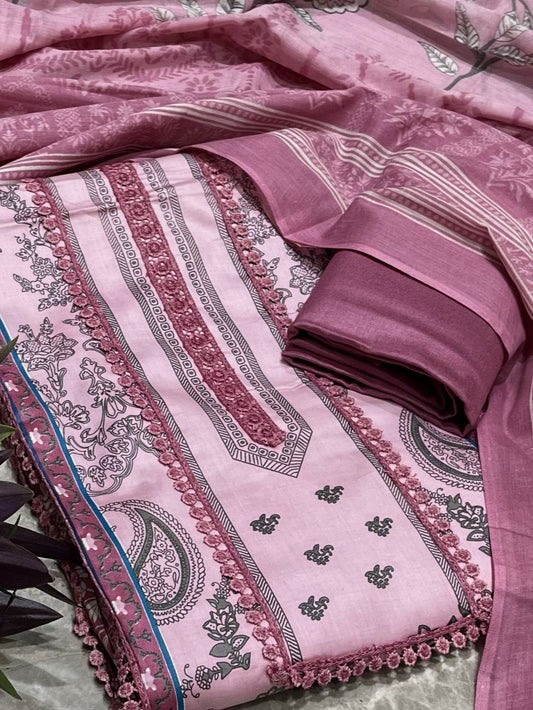 Pink Cotton Printed Unstitched Dress Material