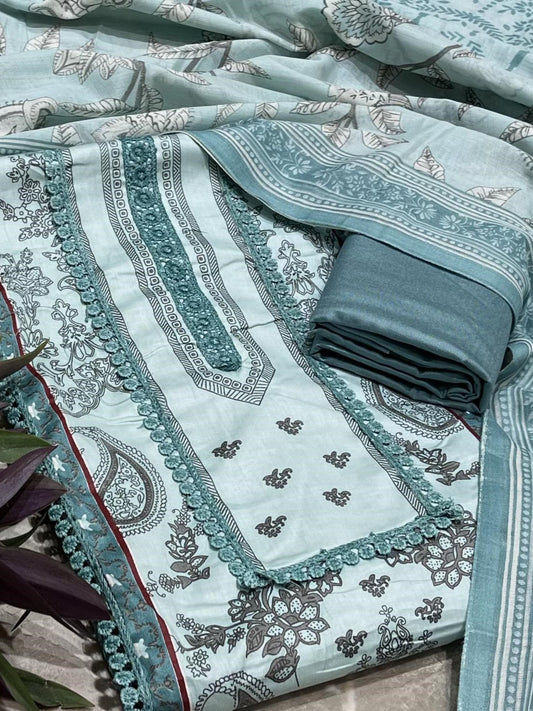 Sea Green Cotton Printed Unstitched Dress Material