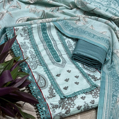 Sea Green Cotton Printed Unstitched Dress Material