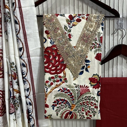 White & Red Cotton Printed Unstitched Dress Material