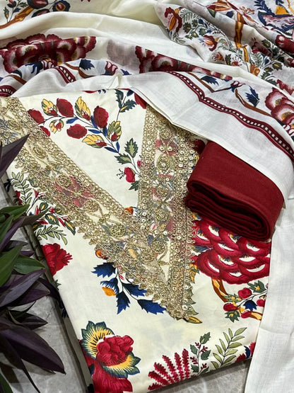 White & Red Cotton Printed Unstitched Dress Material