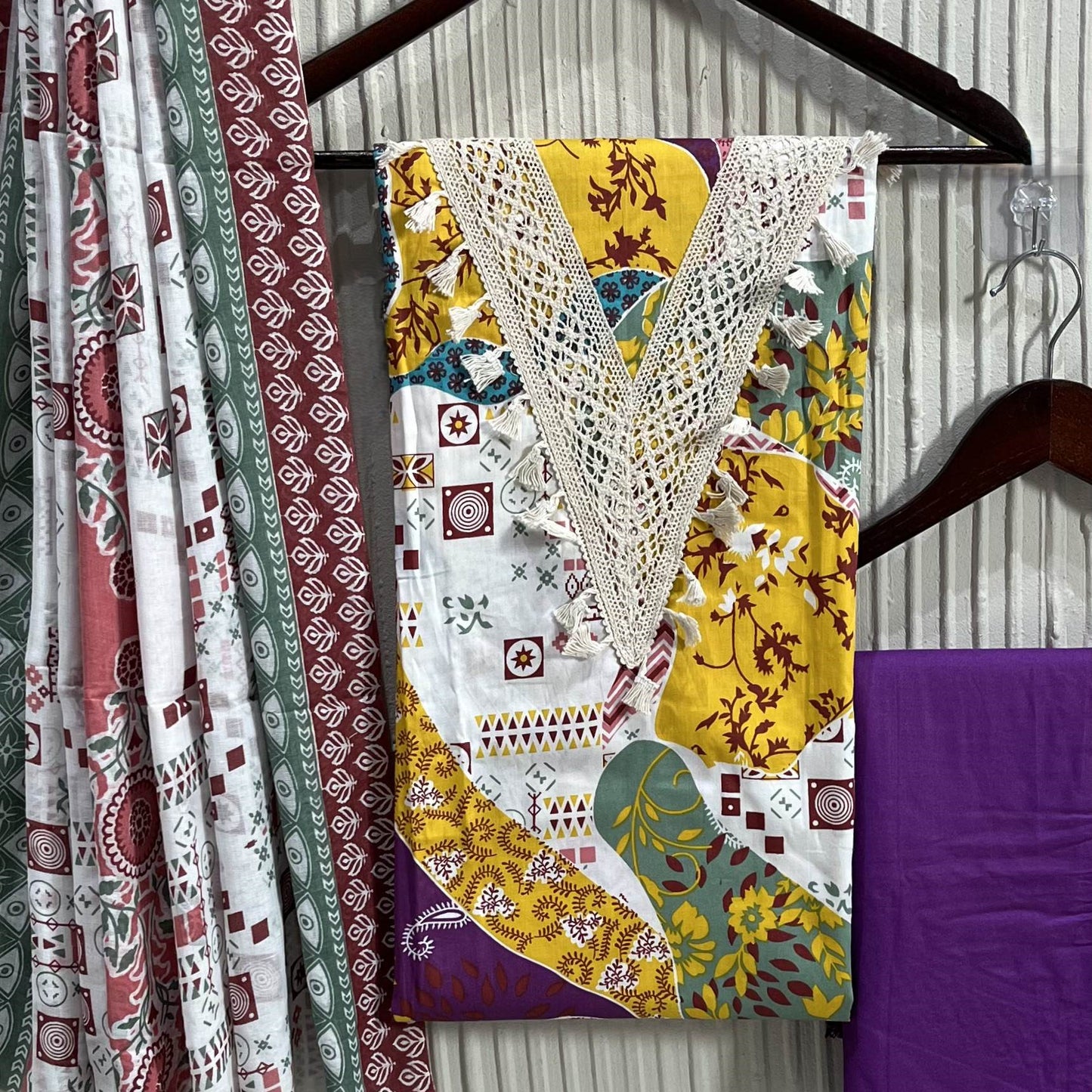 Yellow Cotton Printed Unstitched Dress Material