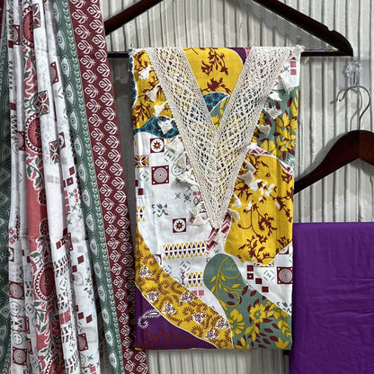 Yellow Cotton Printed Unstitched Dress Material