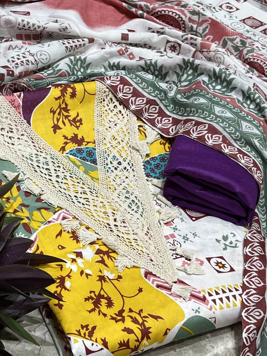 Yellow Cotton Printed Unstitched Dress Material