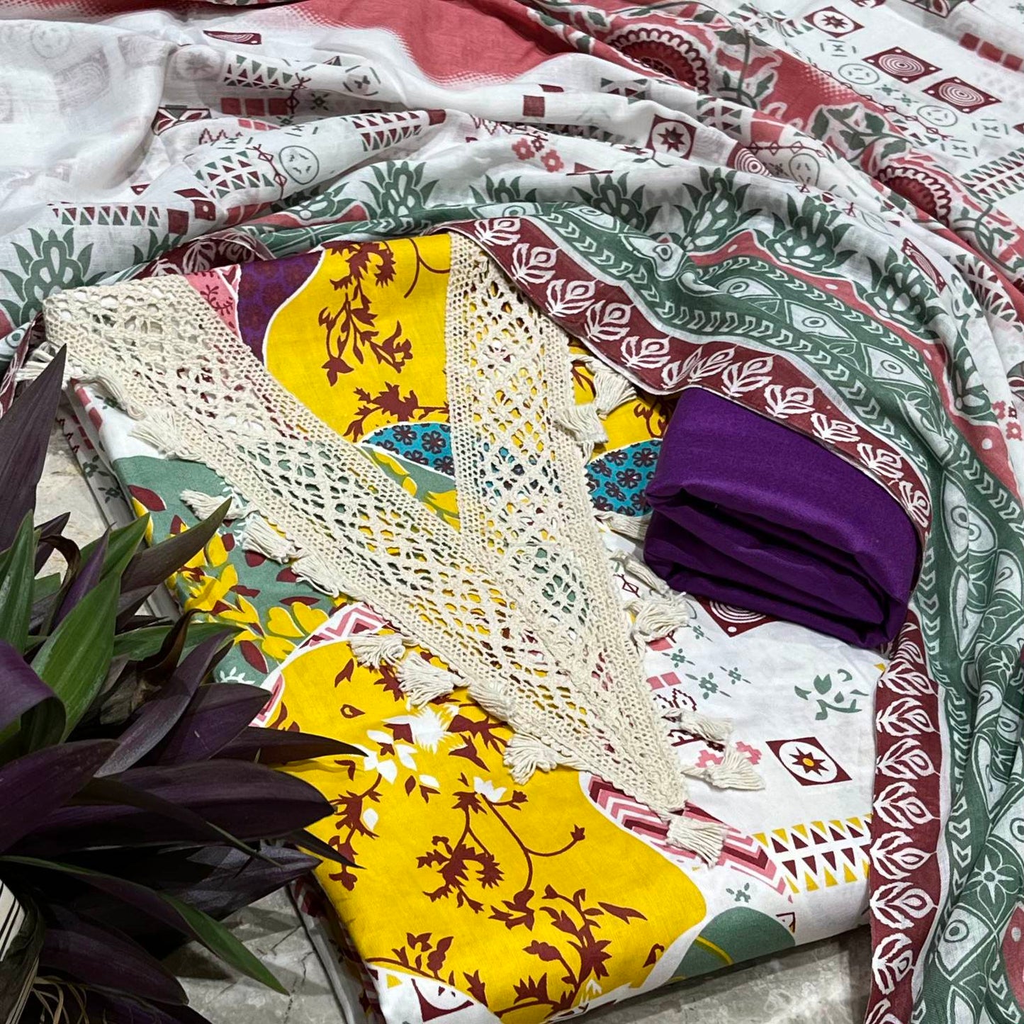 Yellow Cotton Printed Unstitched Dress Material