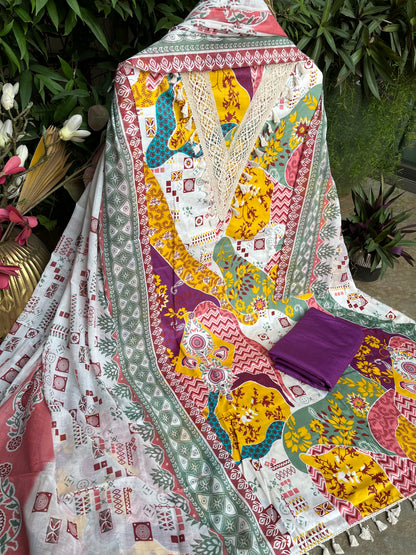 Yellow Cotton Printed Unstitched Dress Material