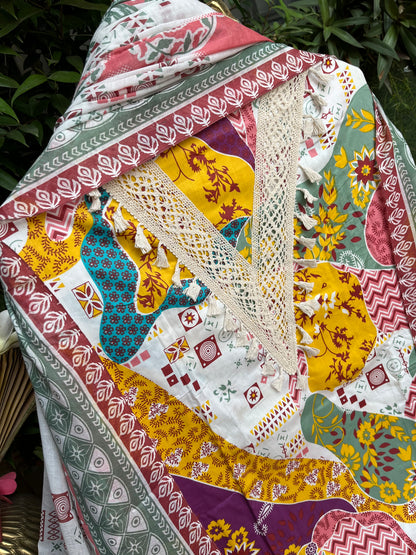 Yellow Cotton Printed Unstitched Dress Material