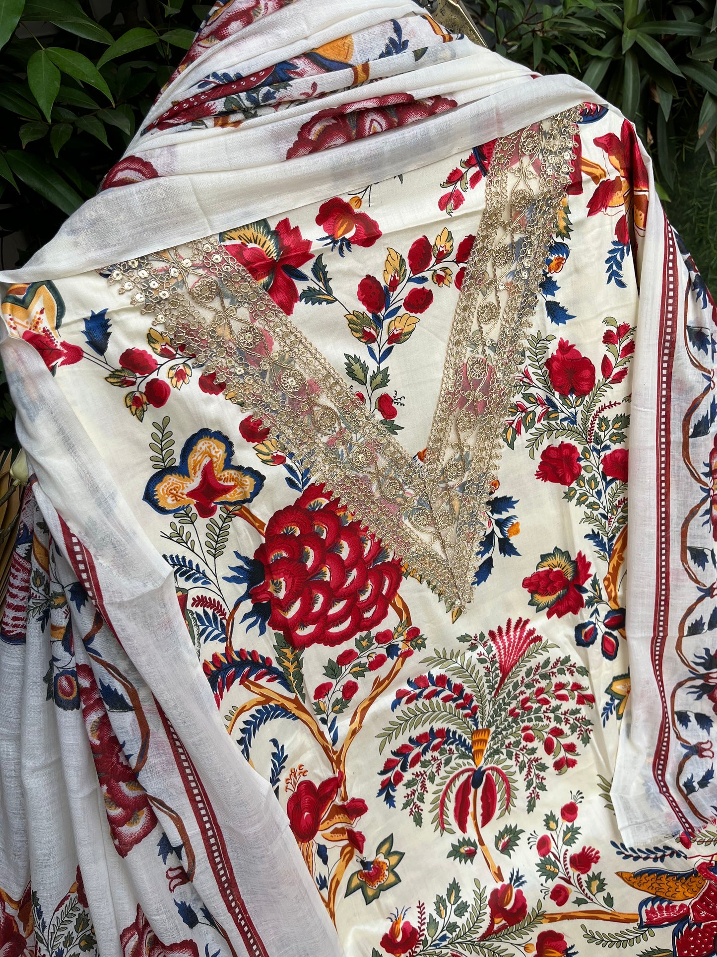 White & Red Cotton Printed Unstitched Dress Material