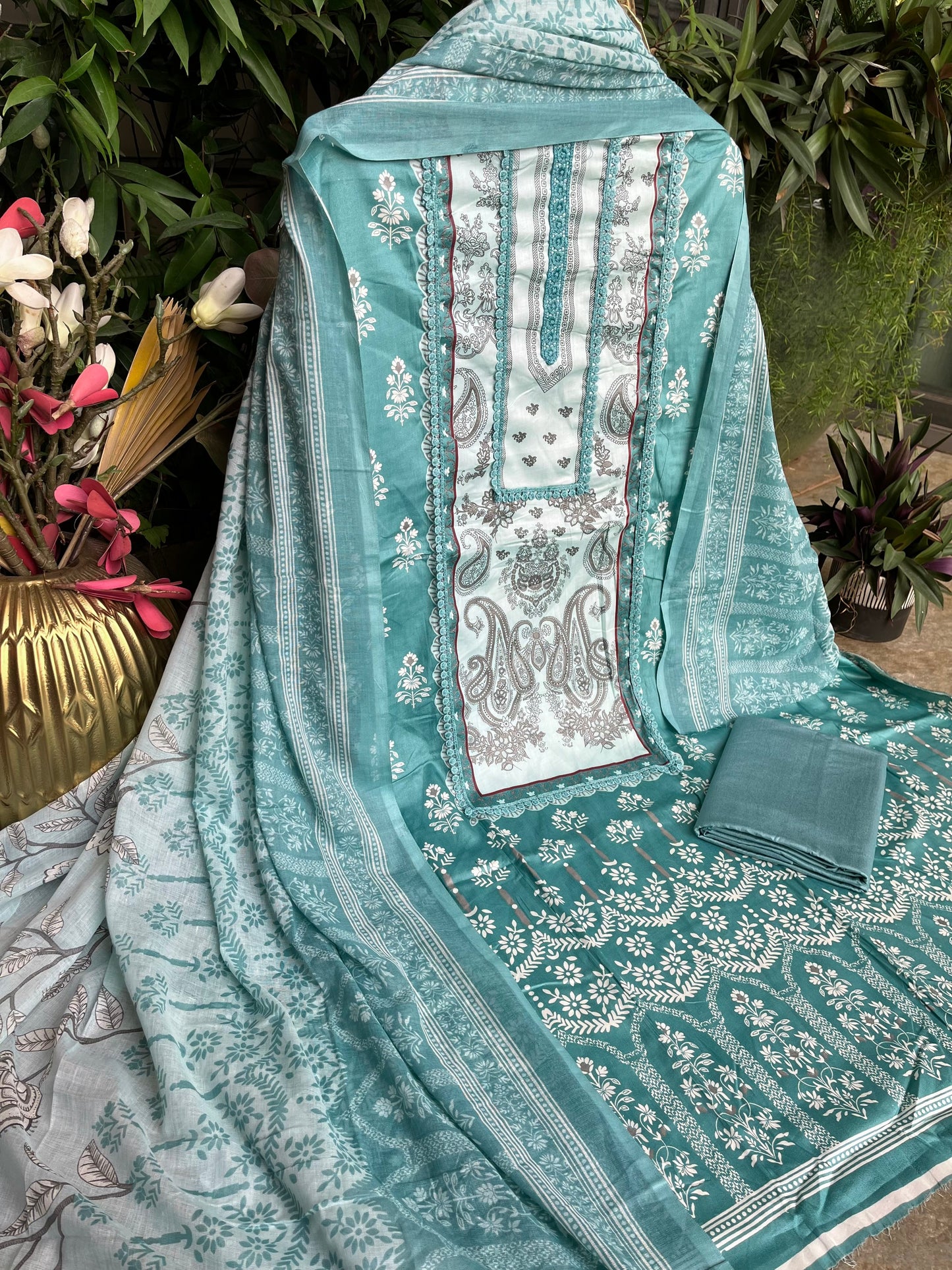 Sea Green Cotton Printed Unstitched Dress Material